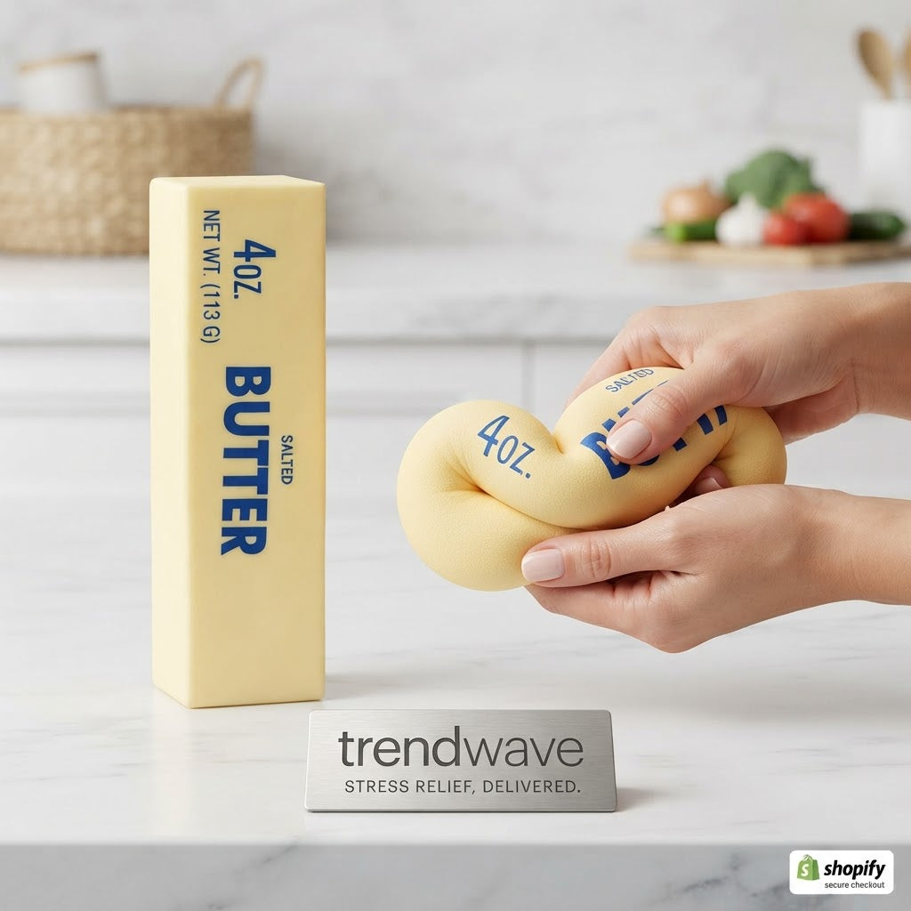 Squishy butter-stick stress toy, 4 oz yellow with blue 'BUTTER' print, held in hand