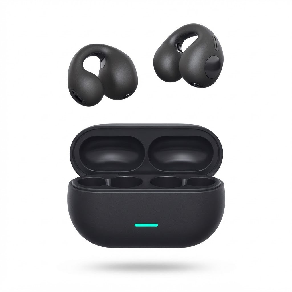 Black air-clip bone-conduction earbuds with charging case and two earbuds