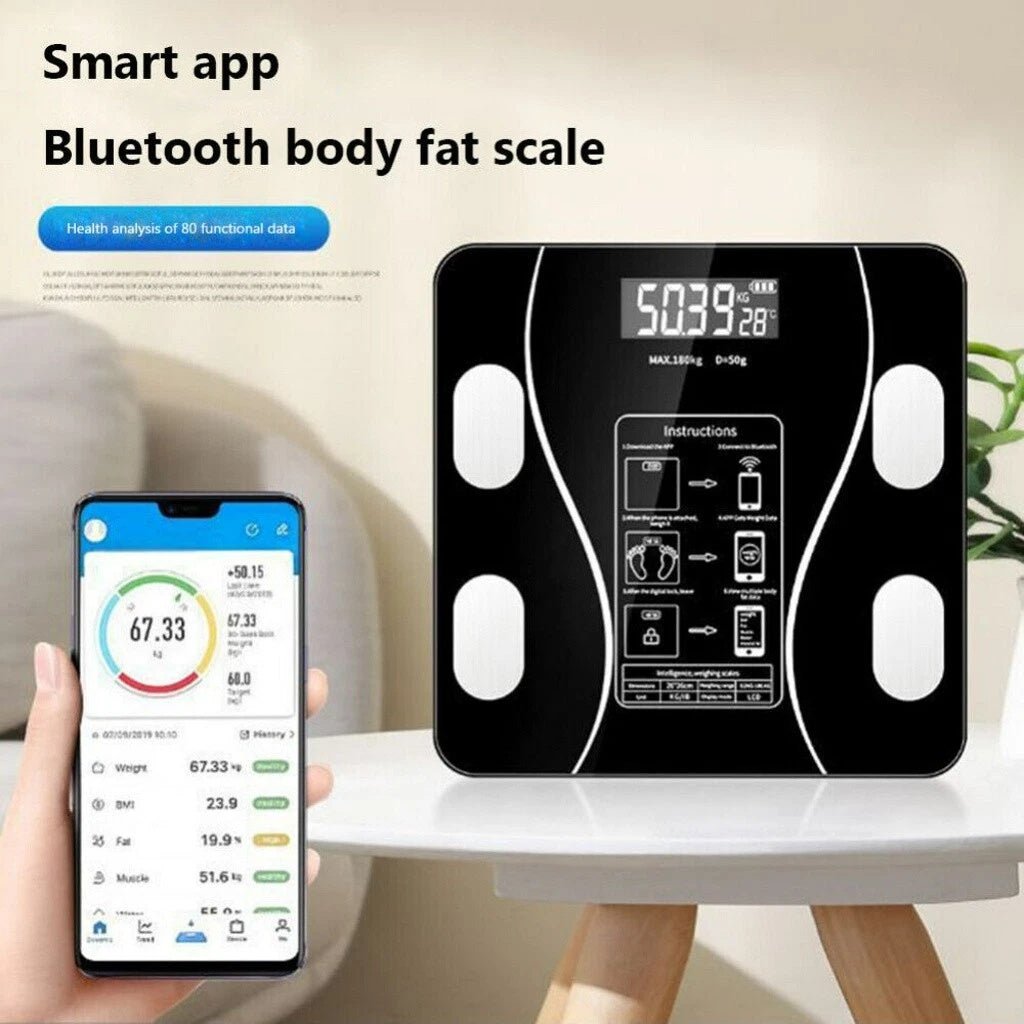 Smart Body Fat Bathroom Scale – Bluetooth Digital Weight Monitor with App Sync, BMI & Muscle Mass Analysis – Tempered Glass 180kg - Gadget | Trendwave