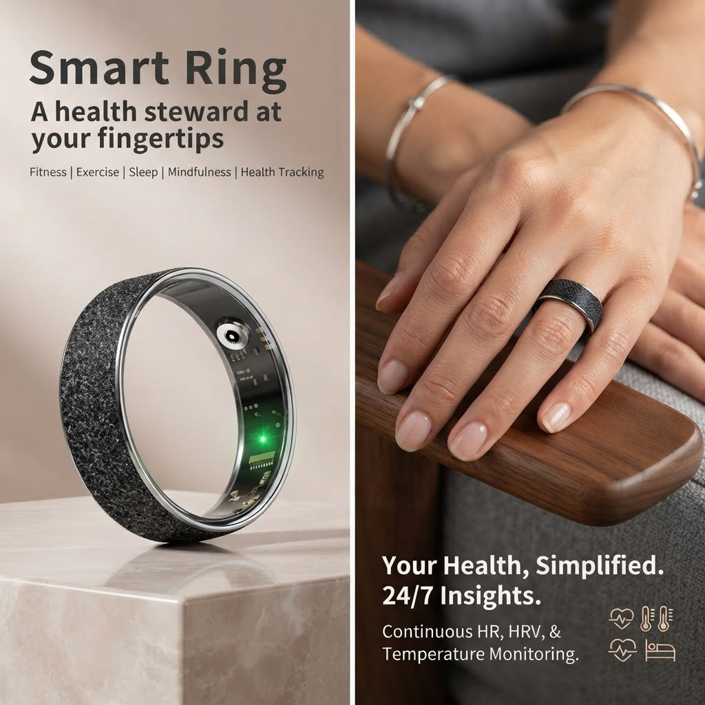 Black textured smart health tracker ring on a person’s finger with green LED glow.