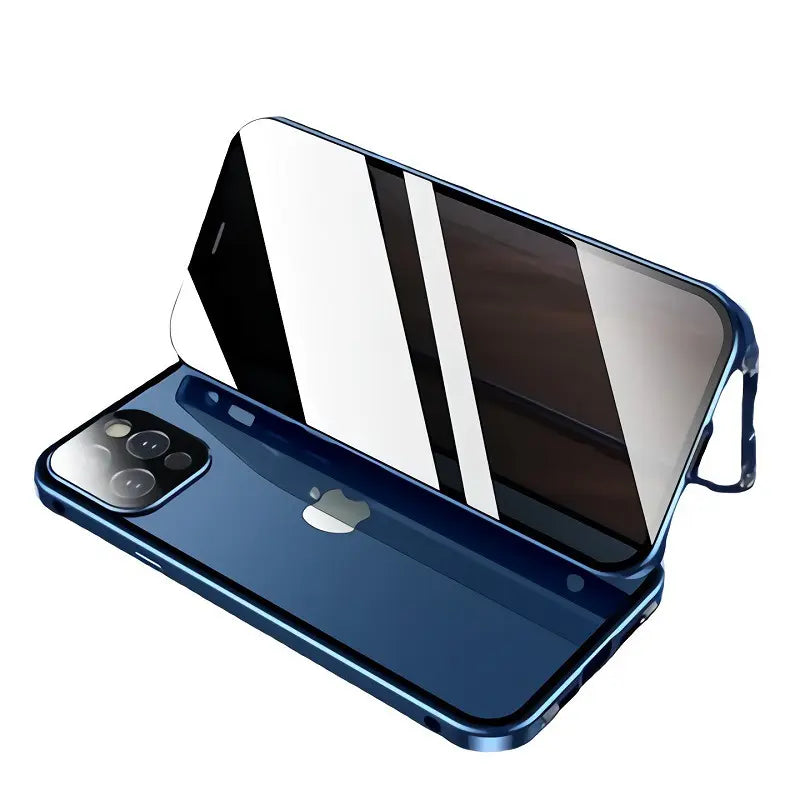 Privacy screen for iPhone with clear film on blue phone, black privacy overlay