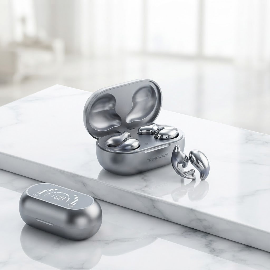 Dark metallic earclip wireless earbuds with LED power display on charging case