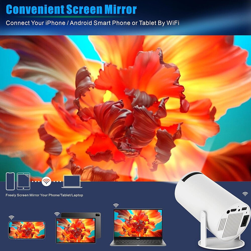 Portable Smart Projector | 4K Supported 720P HD Home Cinema with 180° Rotating Lens, Built-in Wi-Fi & Streaming Apps | Compact Projector for Bedroom, Gaming & Outdoor Movie Nights - Gadget | Trendwave