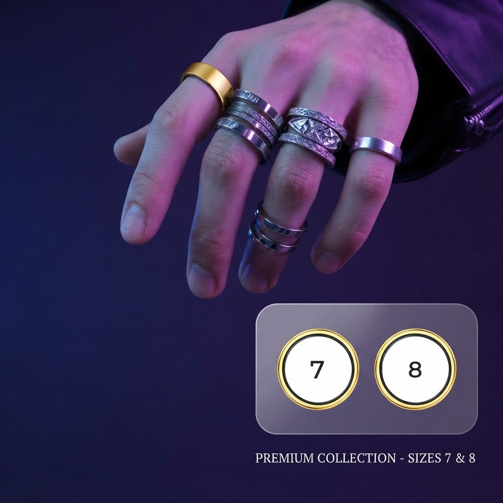Gold-tone smart ring and several stacked rings with LED display plus size card 7 and 8