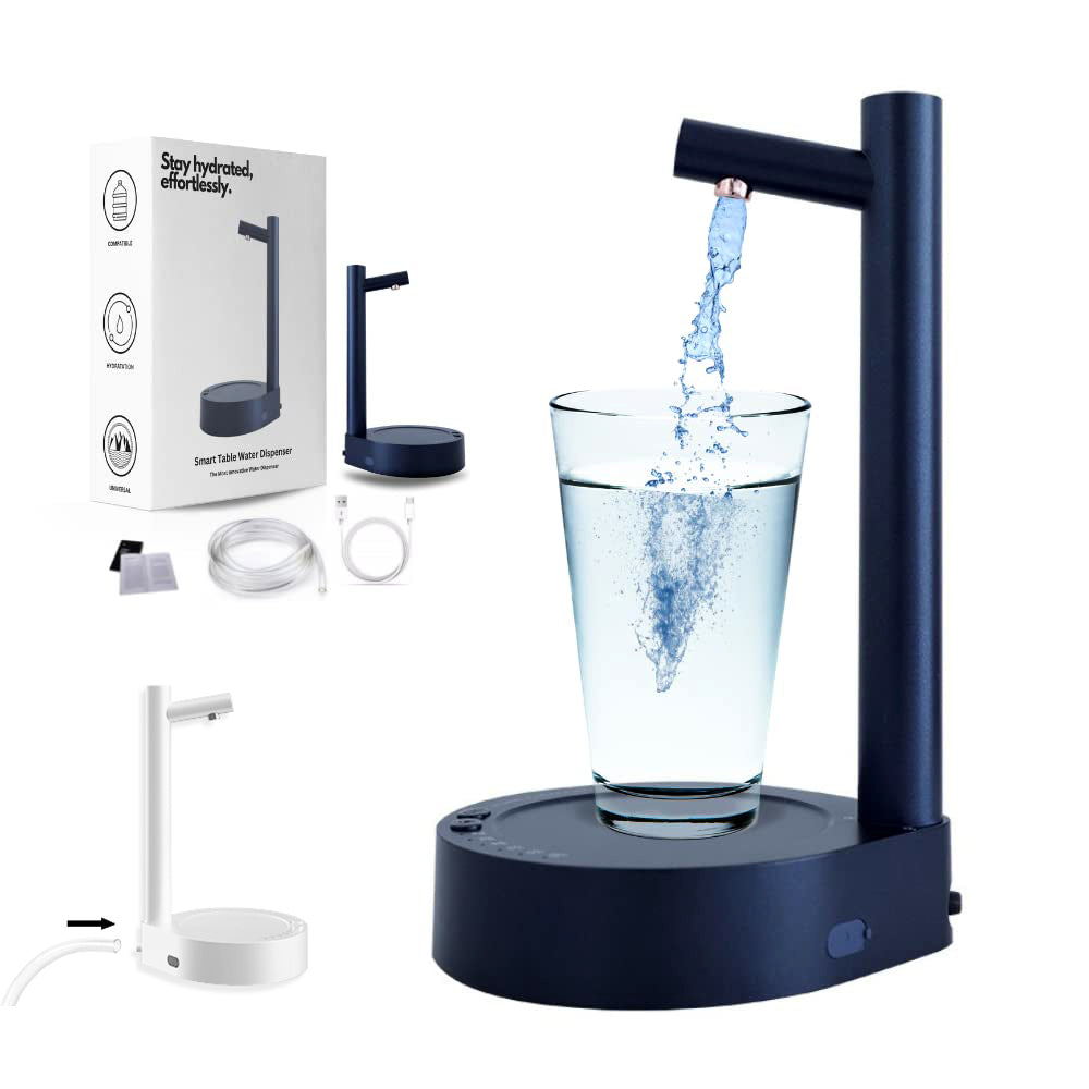 Desktop water dispenser dispensing water from tall spout, with included parts shown