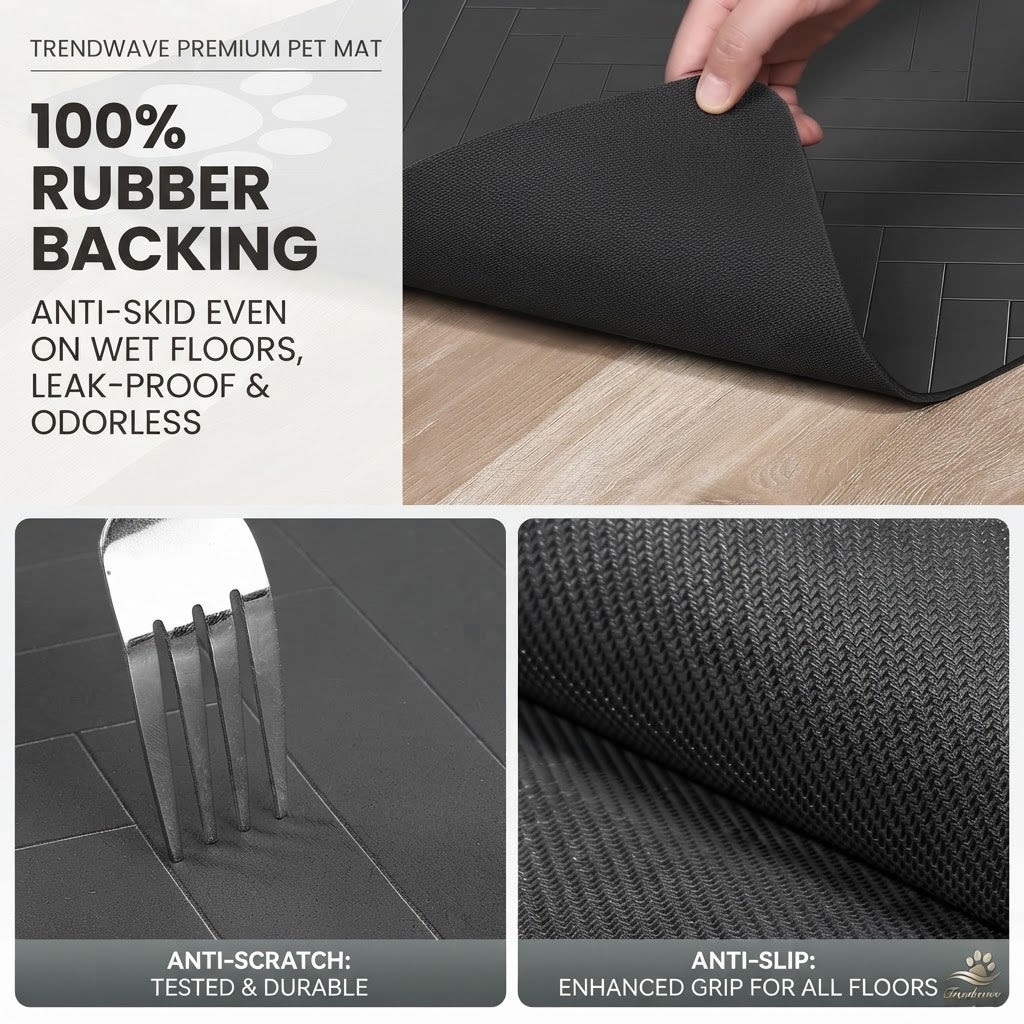Dark gray pet feeding mat with textured rubber backing for anti-slip grip