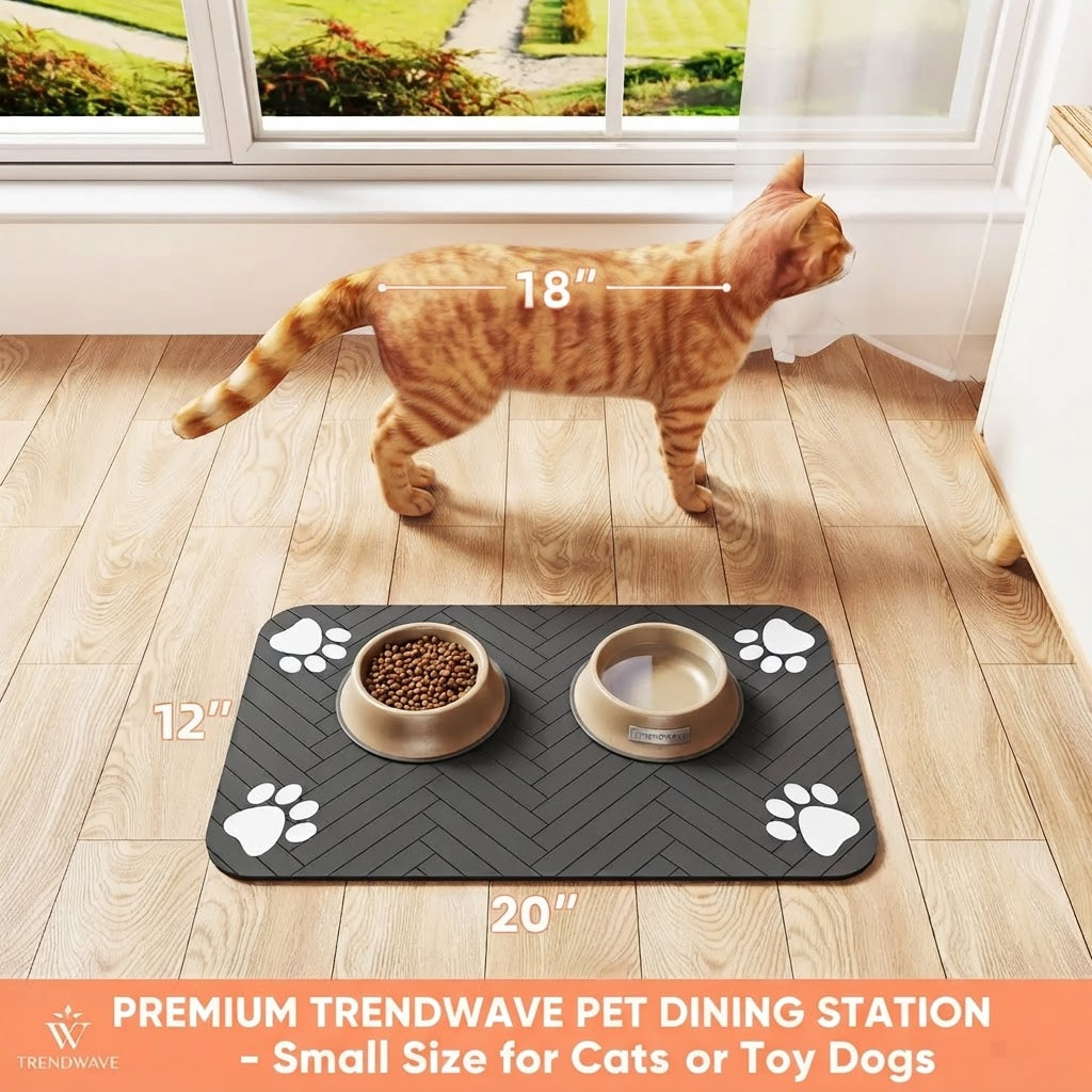 Dark gray pet feeding mat with white paw prints under two bowls for pets