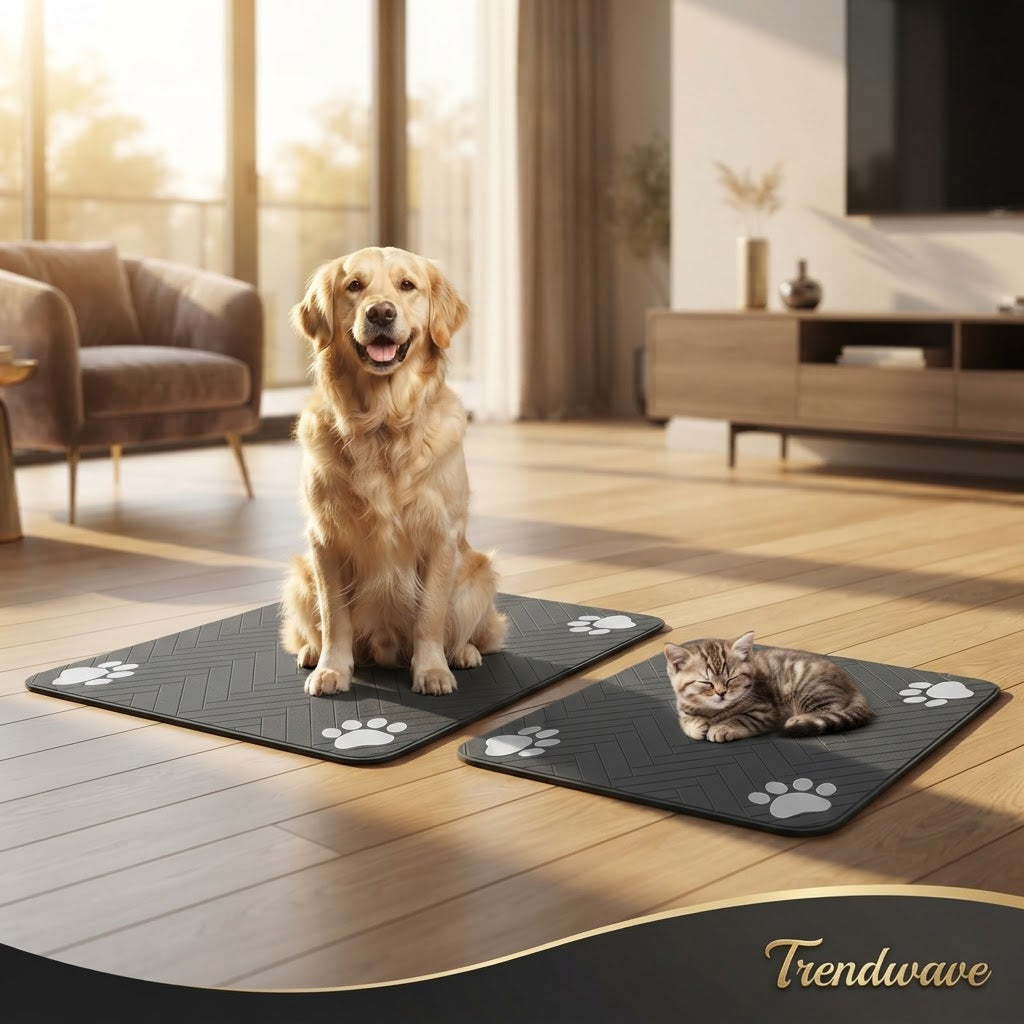 Dark gray pet feeding mat with white paw-print pattern for dogs and cats