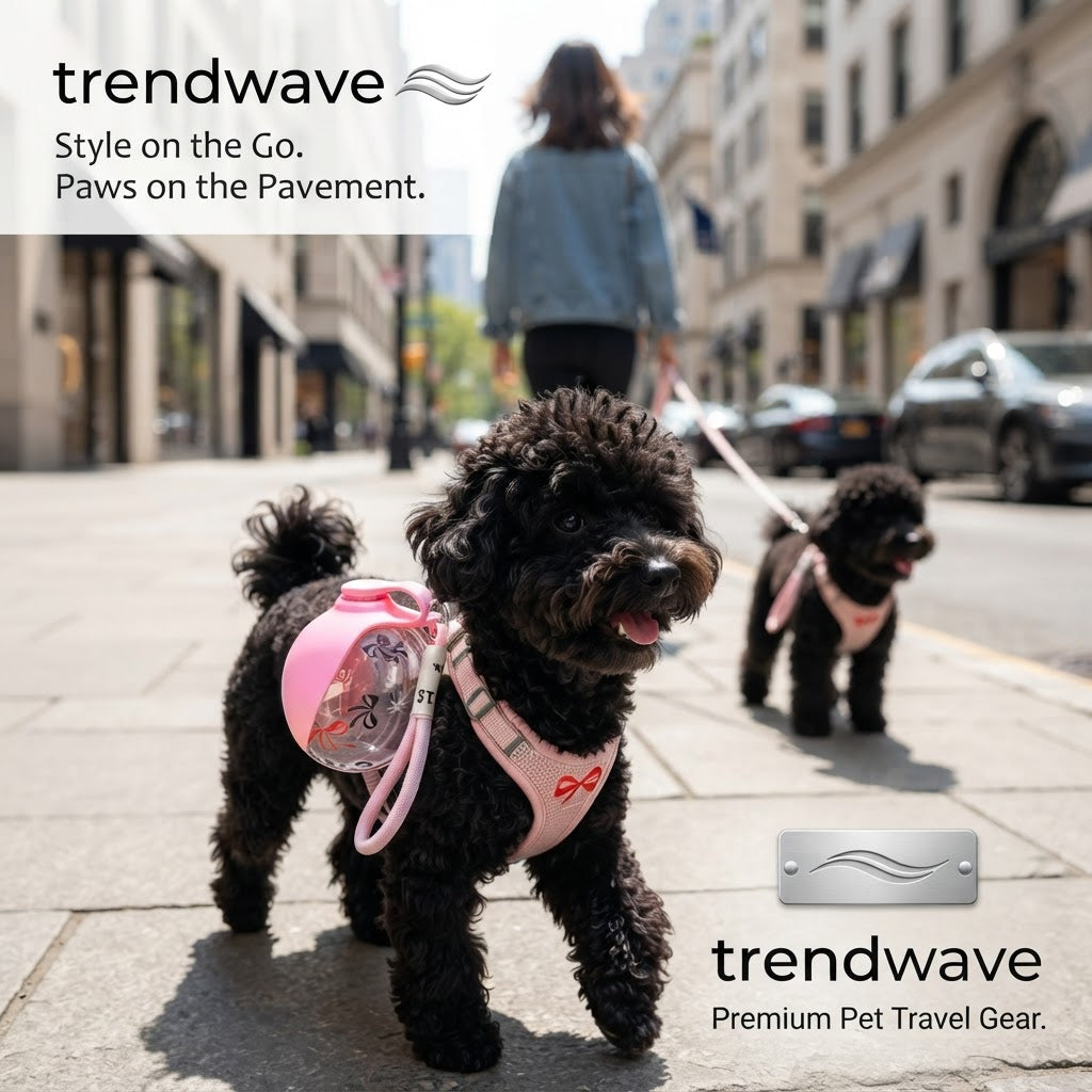 Portable pet water bottle with pink bowl, clipped to a walking dog