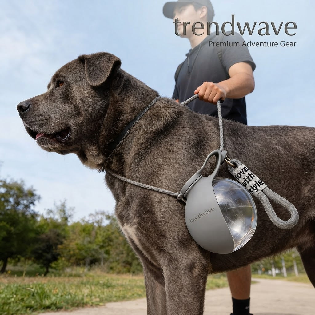 Portable pet water bottle with gray body and leash, carried on a dog