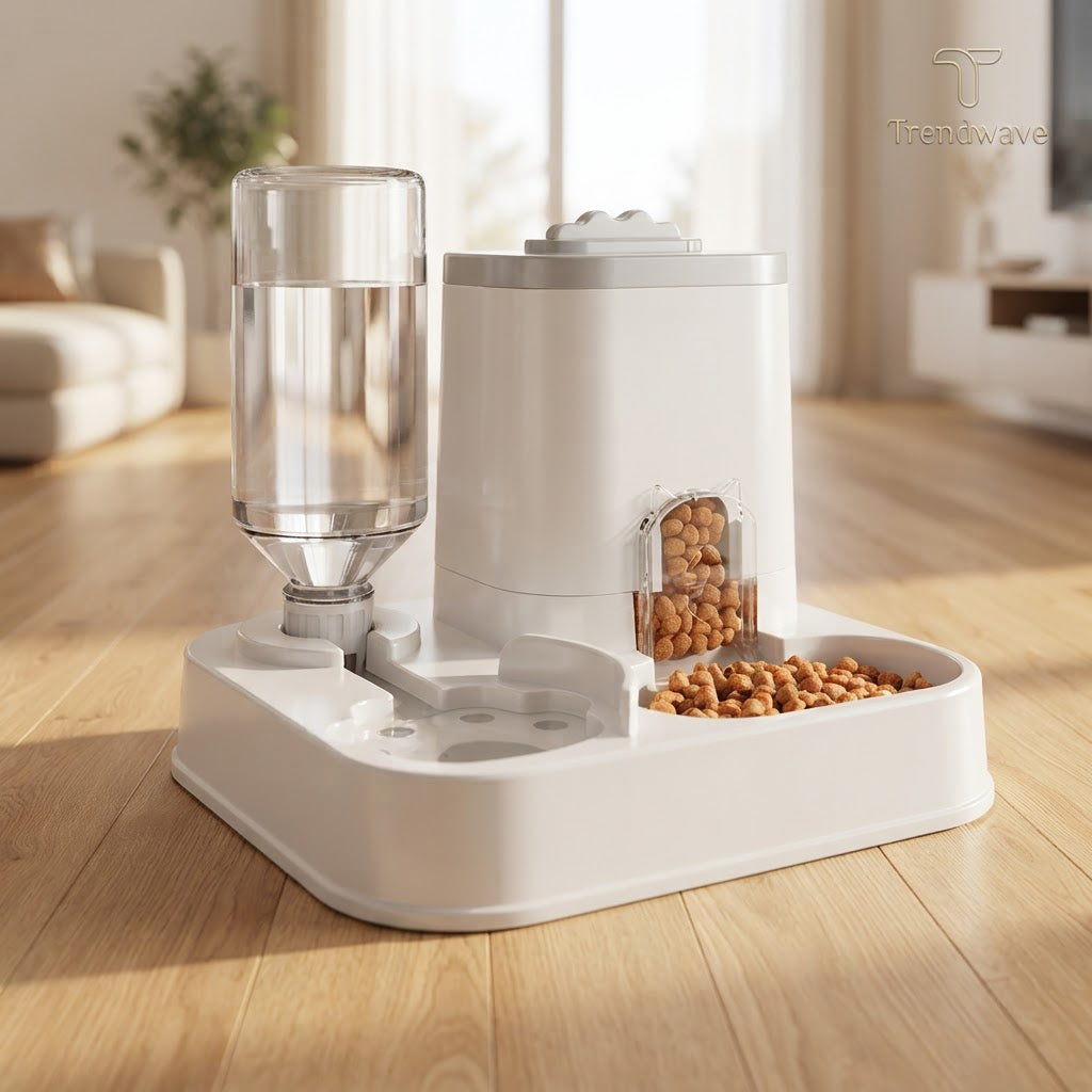 Large-capacity automatic pet feeder and water dispenser in white with clear water tank