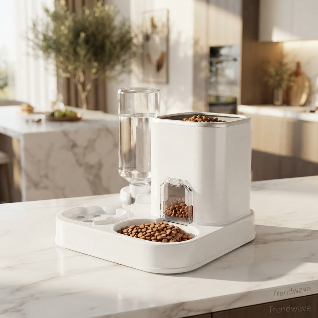 White dual-chamber automatic pet feeder with transparent water dispenser tube and food tray