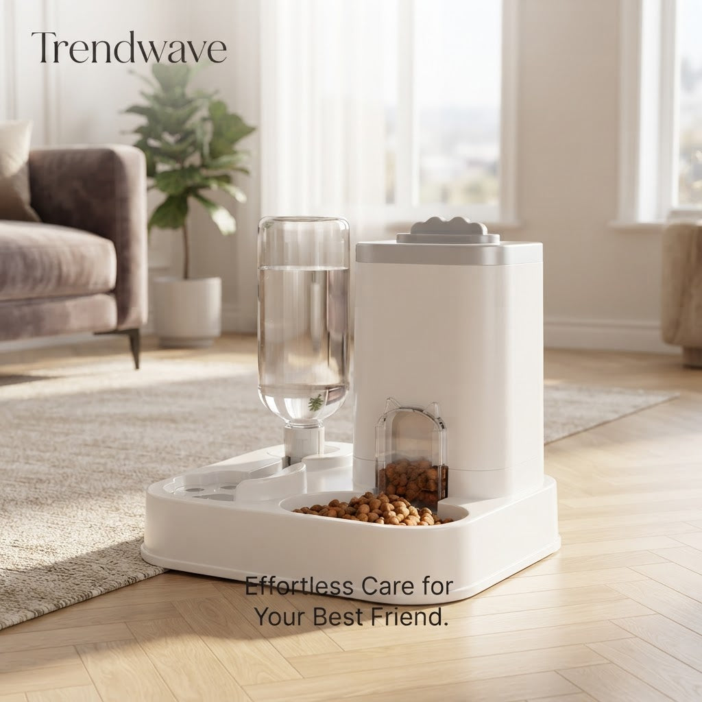 White automatic pet feeder and water dispenser with front food window and clear water cup