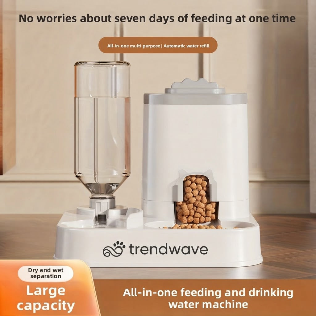 Automatic pet feeder and water dispenser in white with transparent water reservoir and food bin