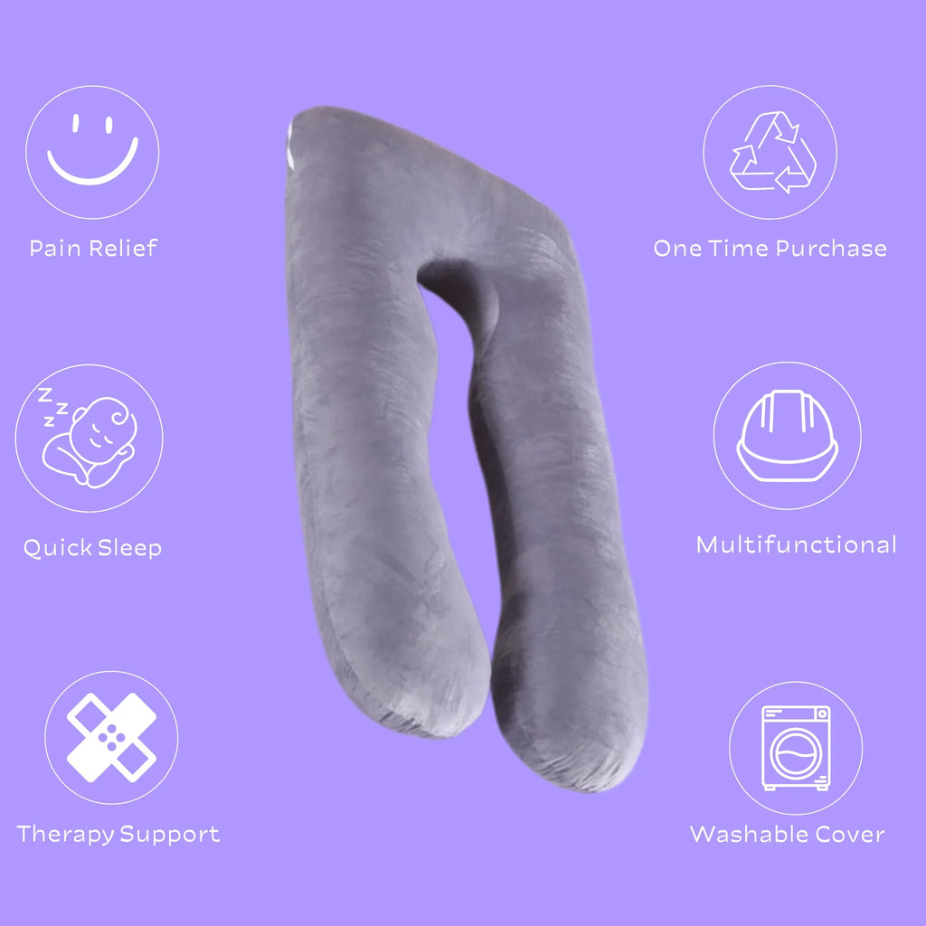 Grey U-shaped sleep therapy pillow for neck and body support
