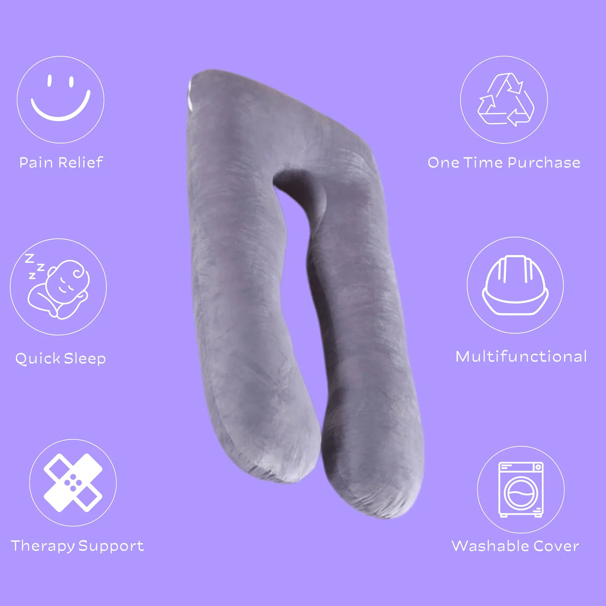 Grey U-shaped sleep therapy pillow for neck and body support