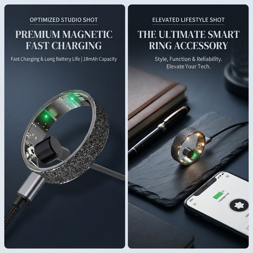 Smart health tracker ring charging with cable; textured dark band with green LED indicator.