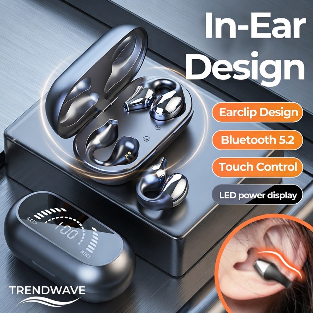 Black bone conduction ear-clip headphones in case with LED power display