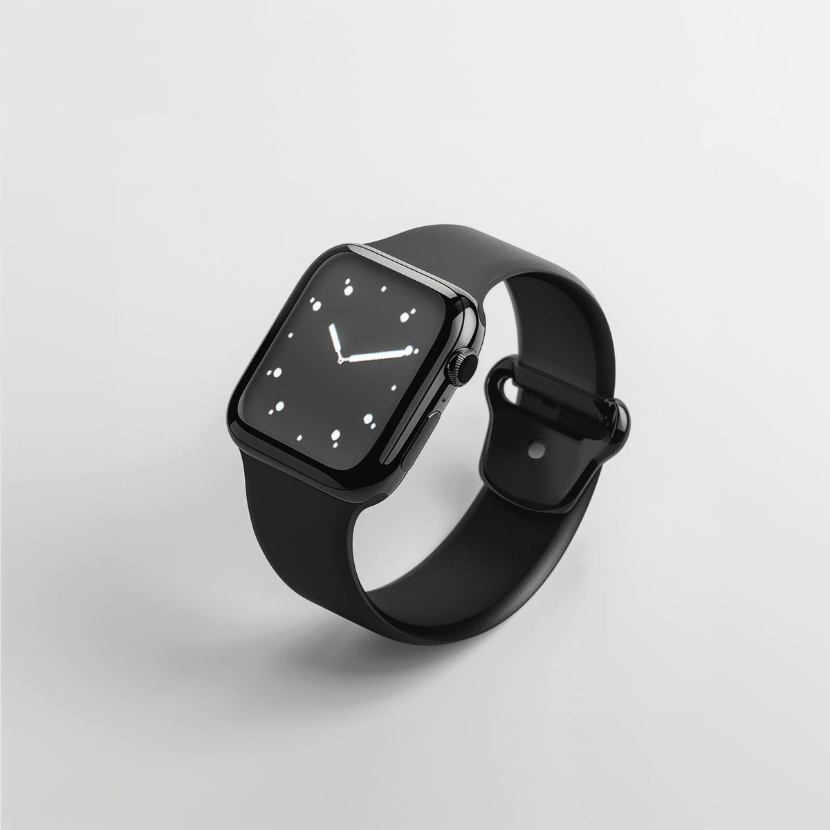 Black smartwatch with square face and silicone band, glowing dot dial
