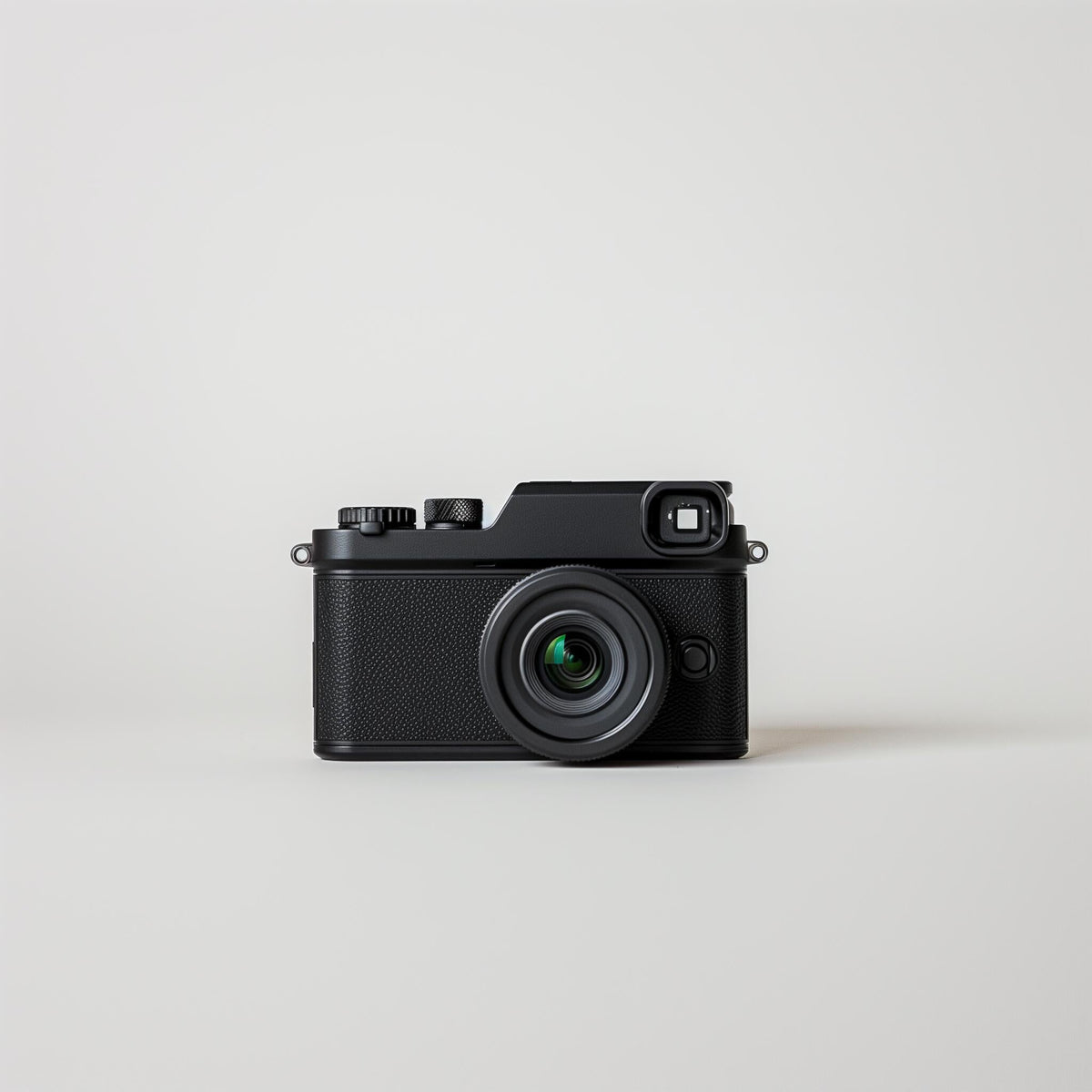 Black compact digital camera with textured grip and attached lens
