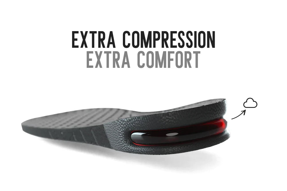 Sole booster insole insert with textured top and red cushioned oval near heel