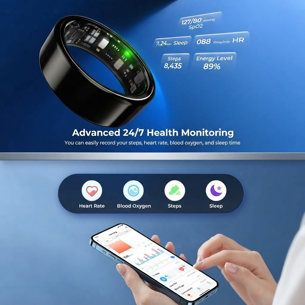 Black smart ring with green sensor lights and health monitoring icons
