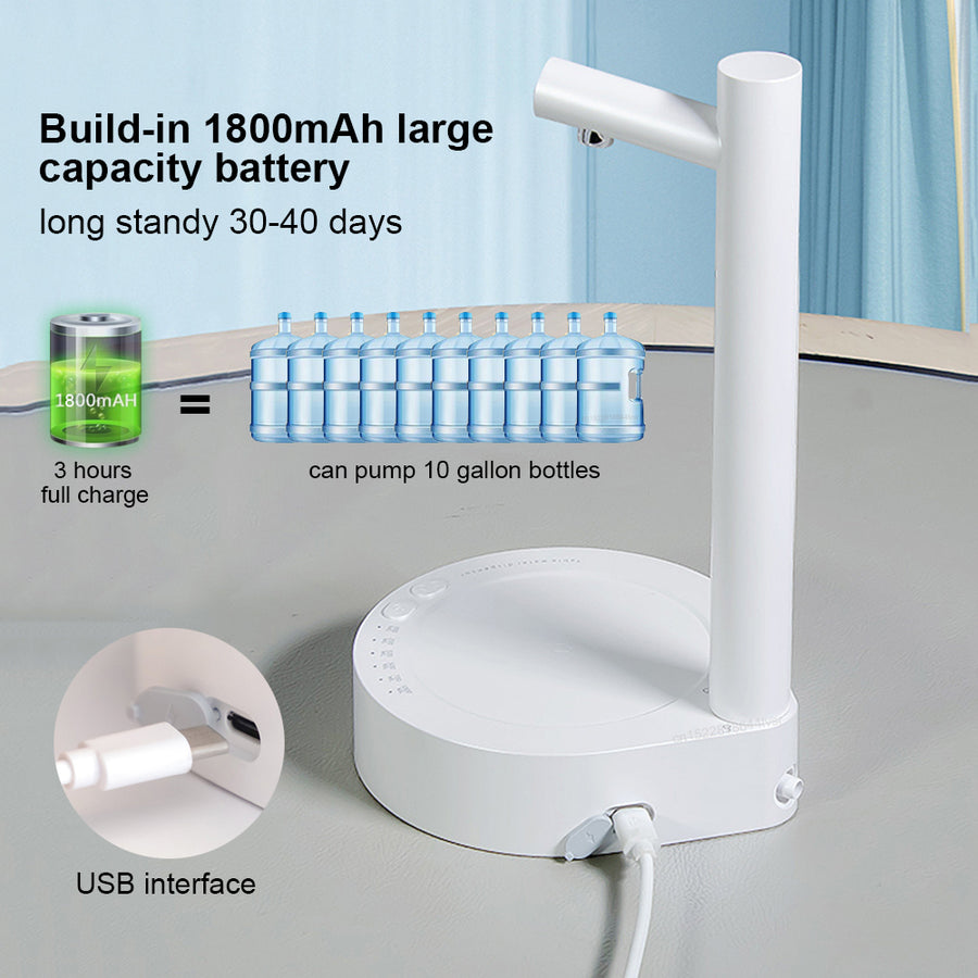 White desktop water dispenser with USB cable and cup under spout