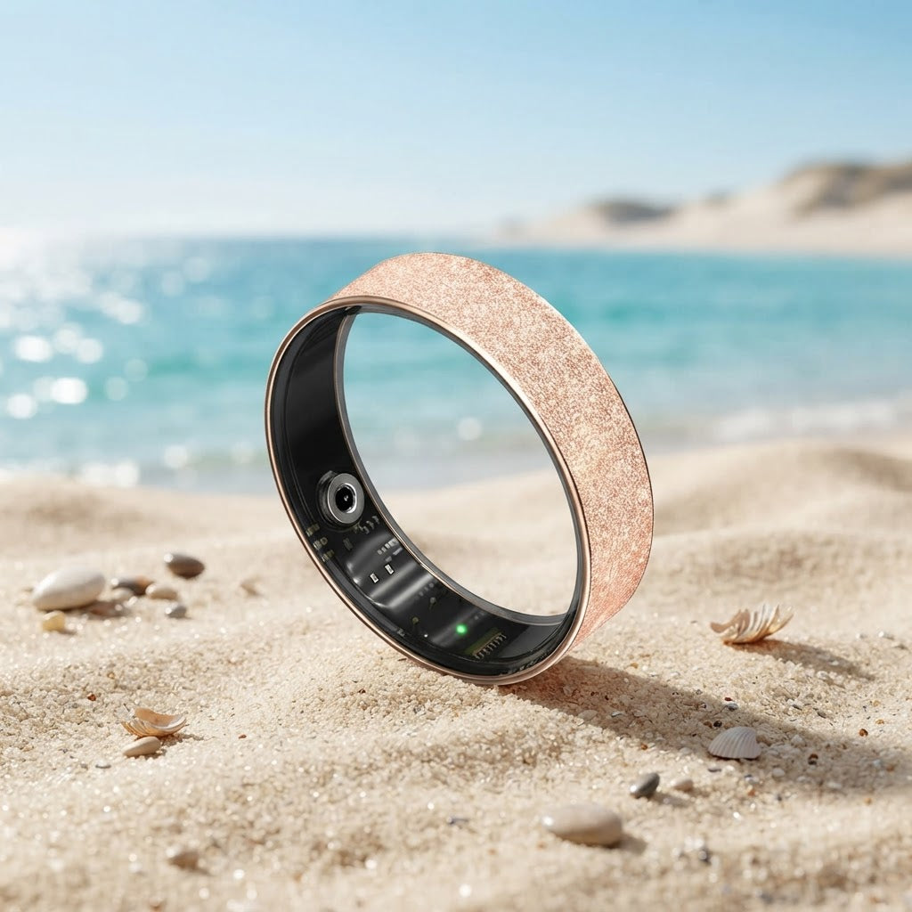 Gold textured smart health tracker ring with glowing green status LEDs on the band.