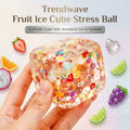 Clear fruit ice cube stress ball, colorful fruit confetti inside translucent cube