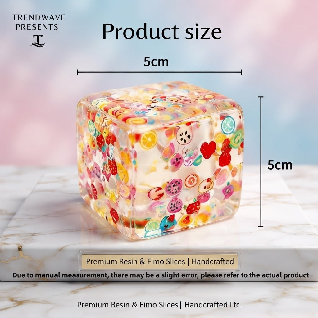 5cm clear fruit glitter cube stress ball, transparent with colorful fruit confetti