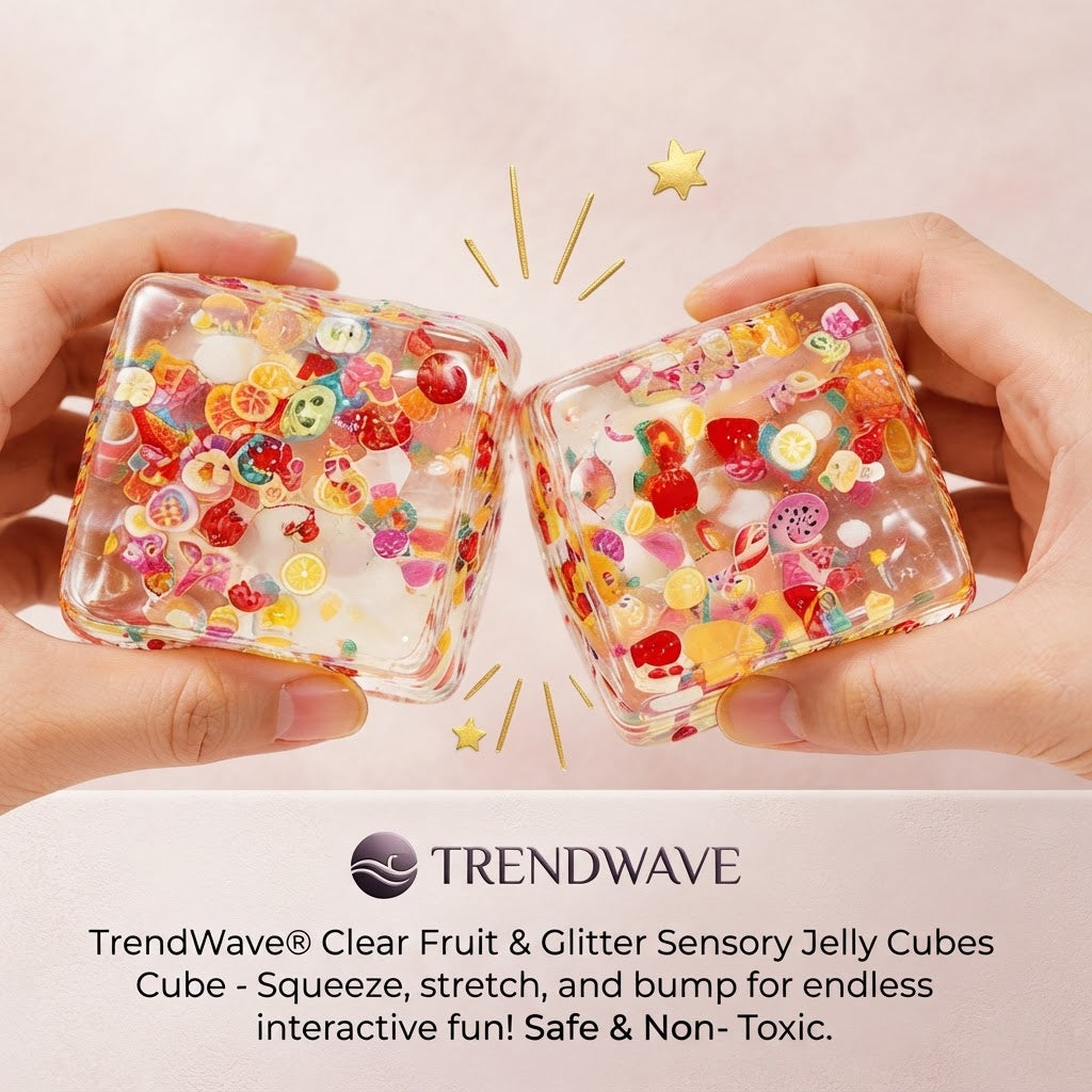 Translucent fruit glitter cube stress balls, squeezed between two hands