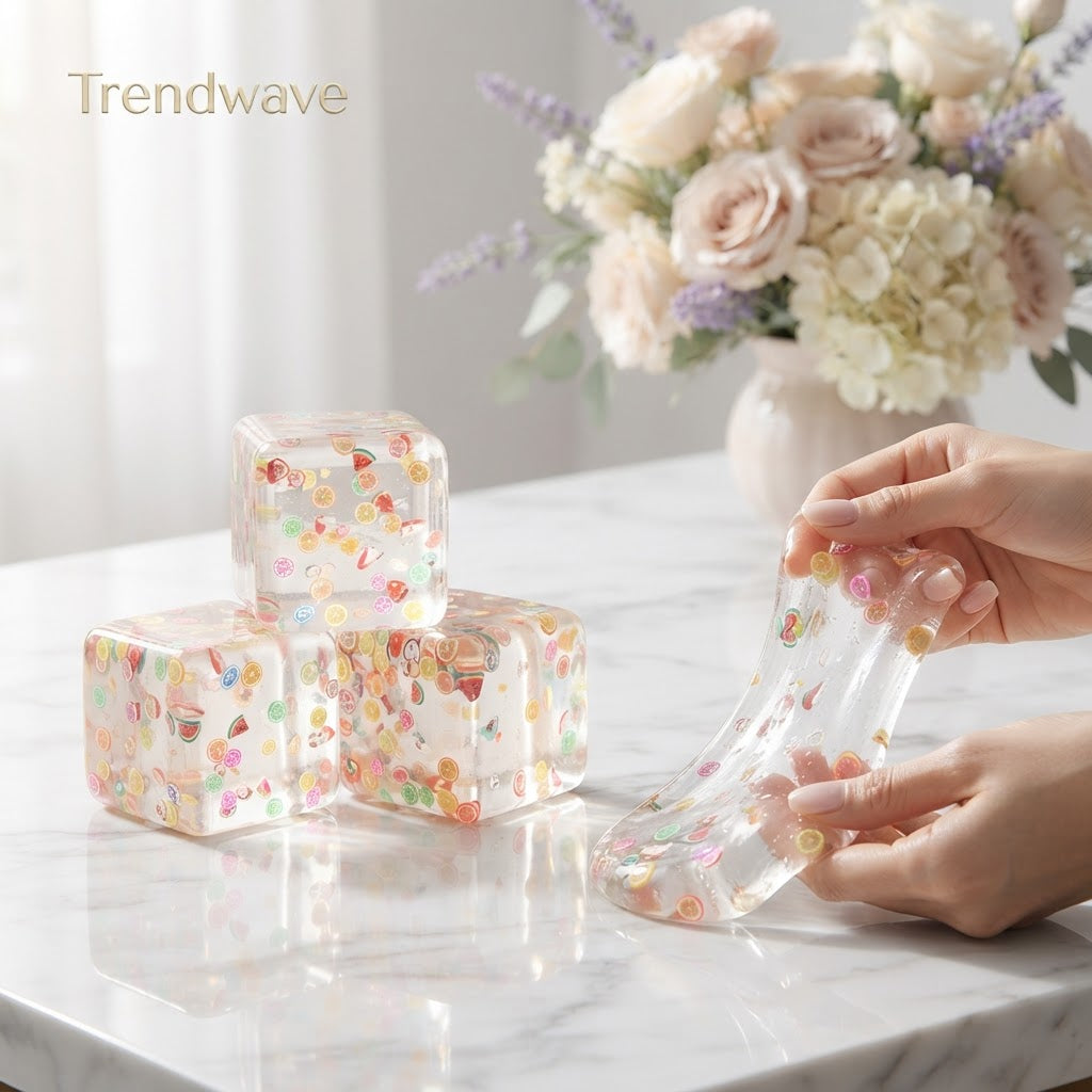 Clear fruit-and-glitter cube stress ball, colorful fruit slices in translucent gel