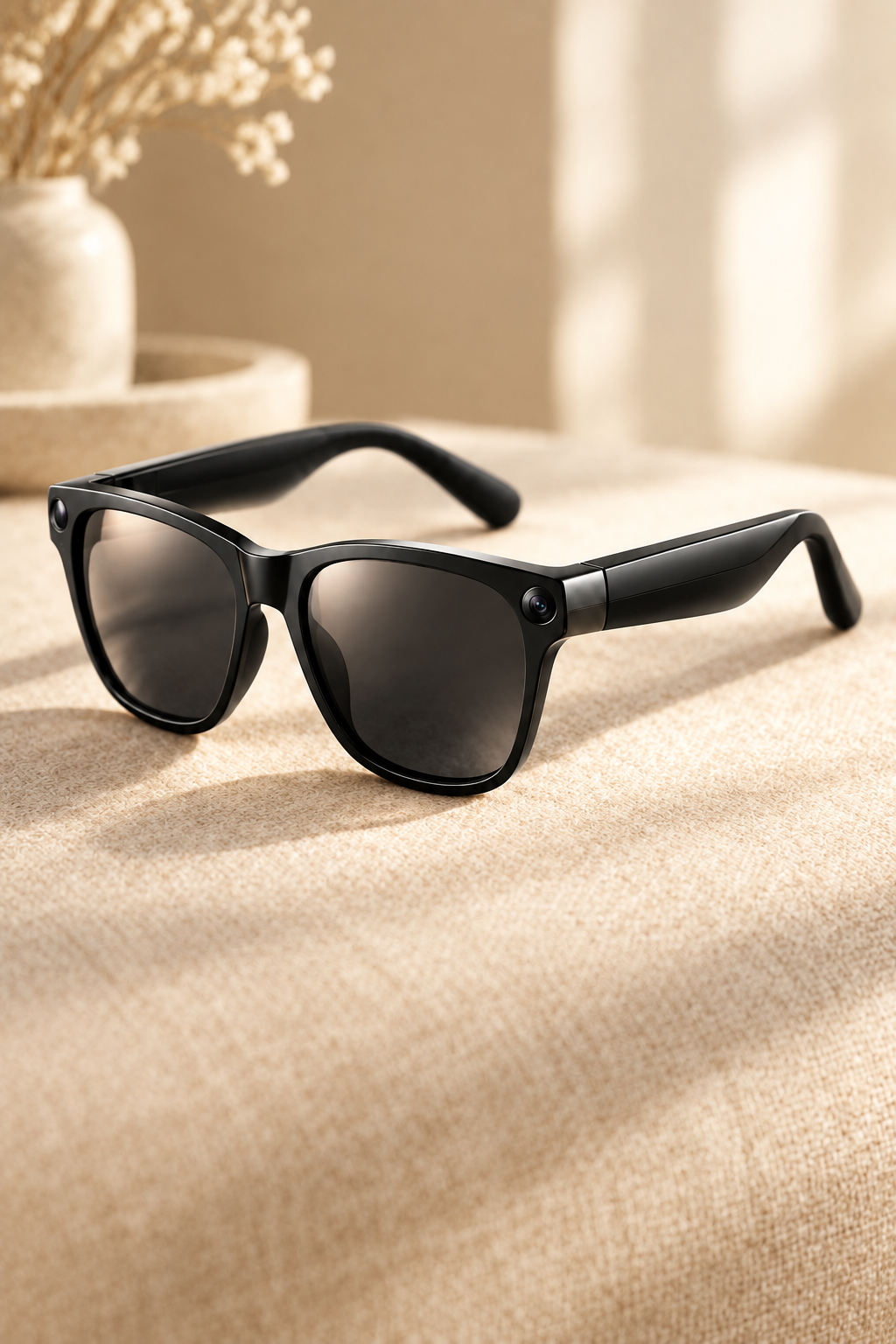 Black smart AI glasses with dark lenses, thick curved frame, and side arms