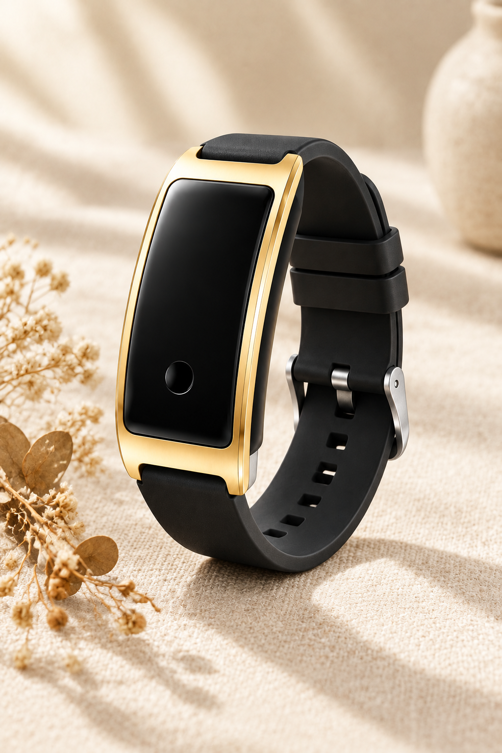 Black smart fitness tracker on black strap with gold-tone bezel, side view