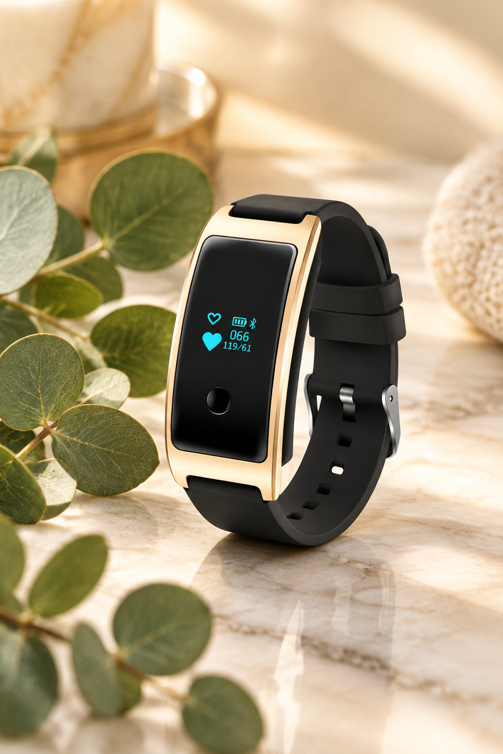 Black smart fitness tracker with gold-tone bezel and heart-rate style icons on screen