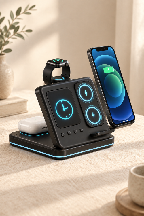 Black 5-in-1 wireless charging station with phone stand, watch dock, and earbud pads