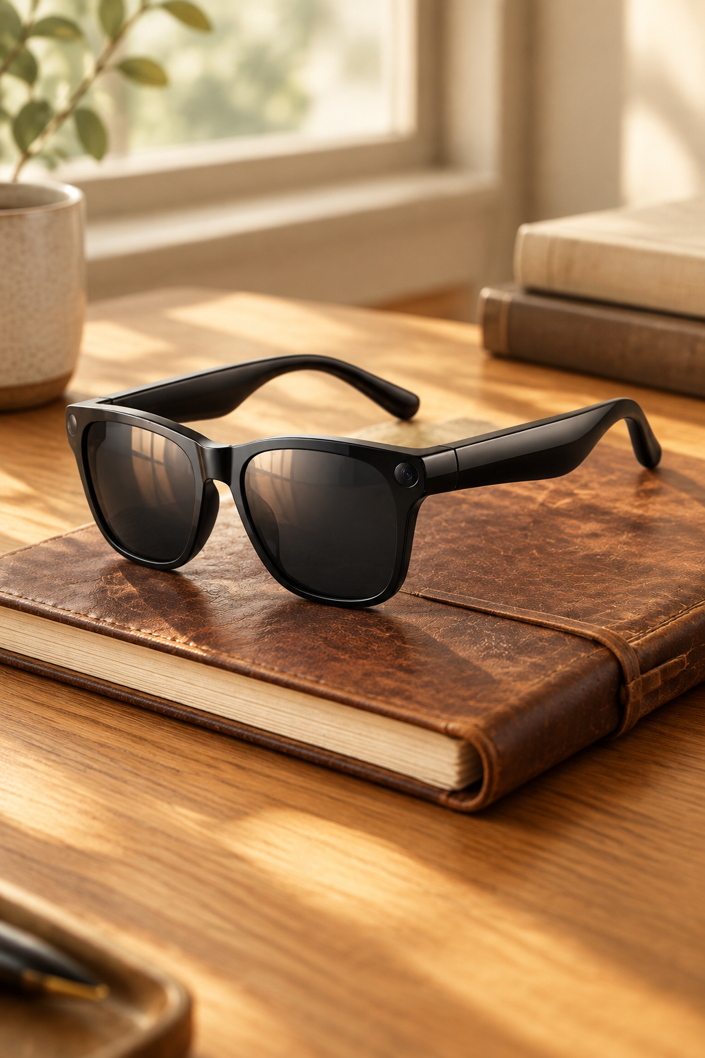 Black smart AI glasses with dark tinted lenses and curved wrap frame