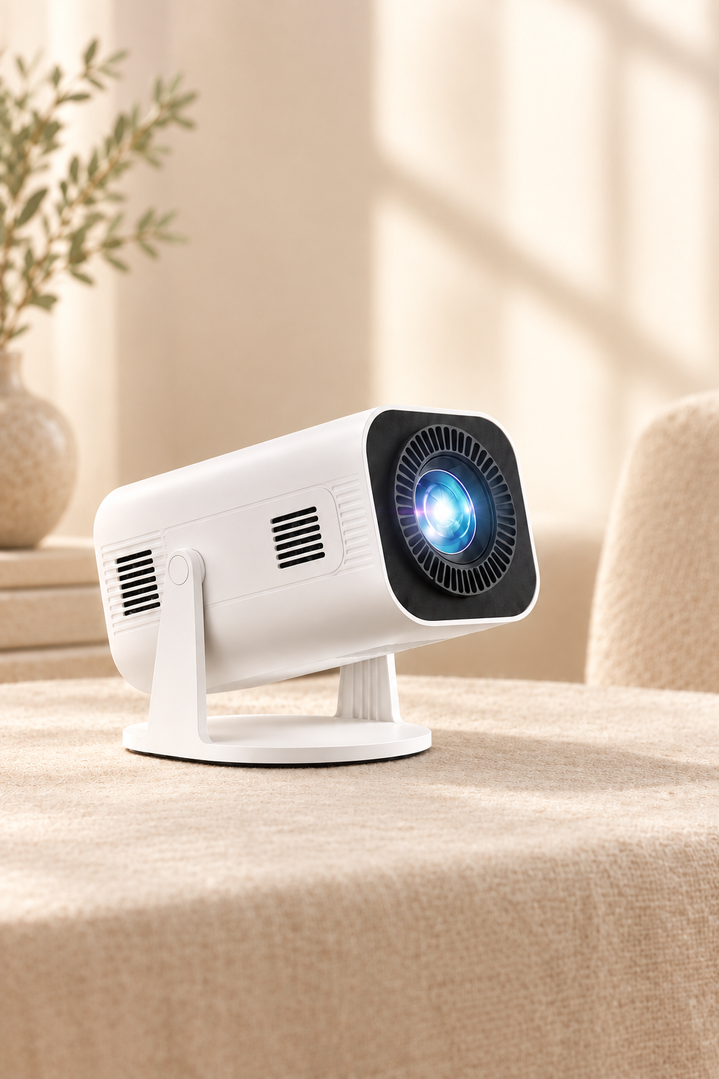 White 4K smart projector showing blue lens glow and side vent details, desktop stand.