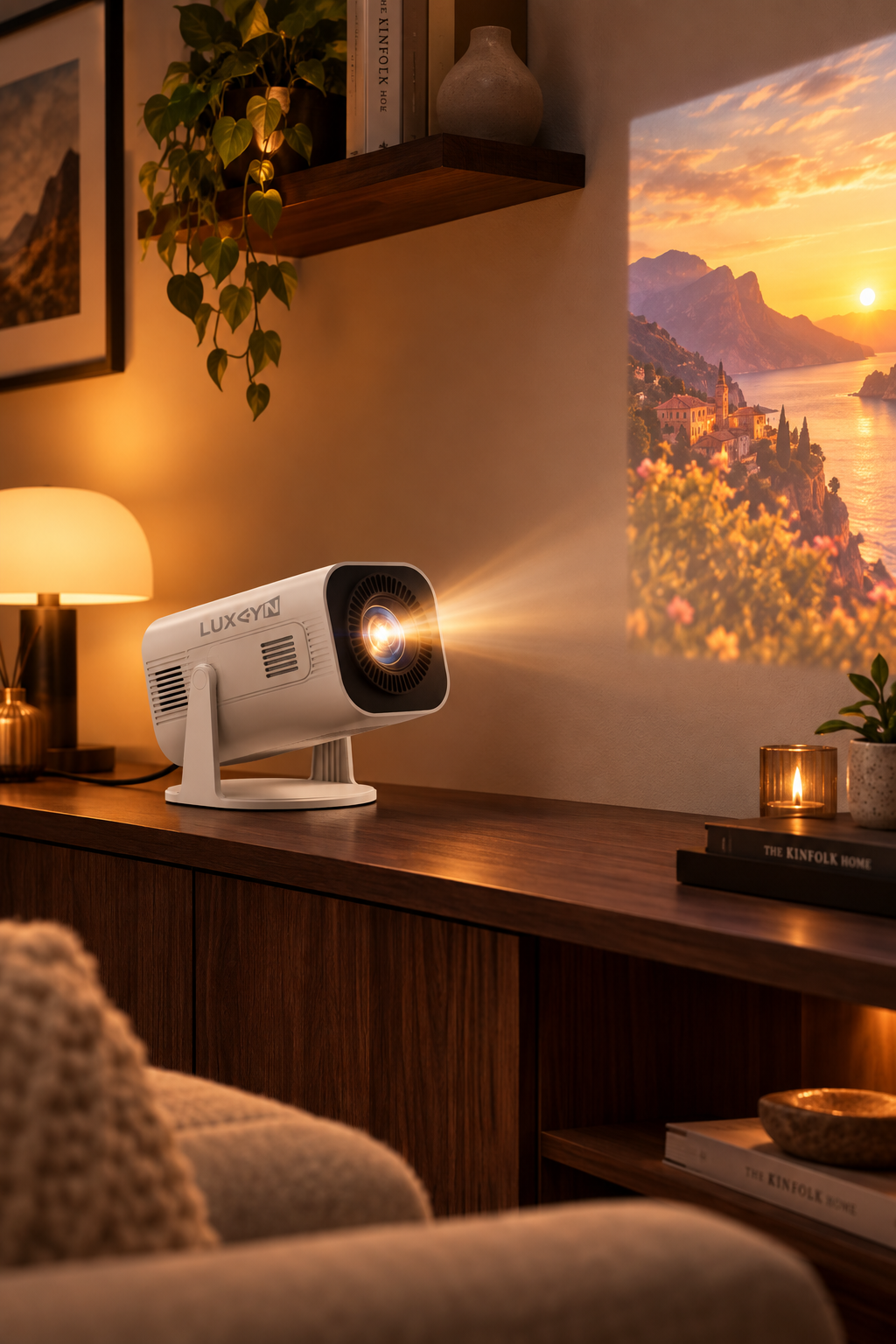 4K smart projector with front lens and foldable desktop stand, white body.