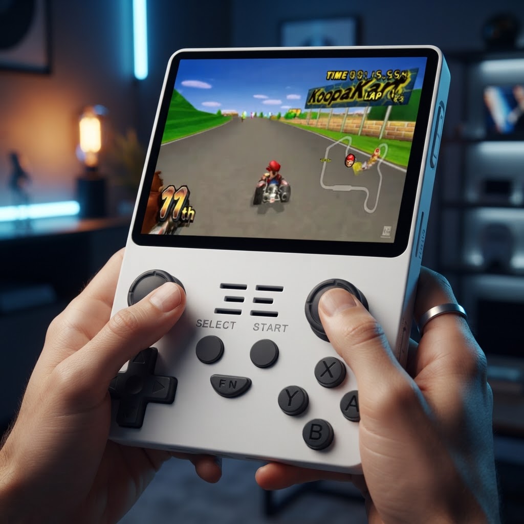 White handheld arcade console with game screen and dual thumb controls