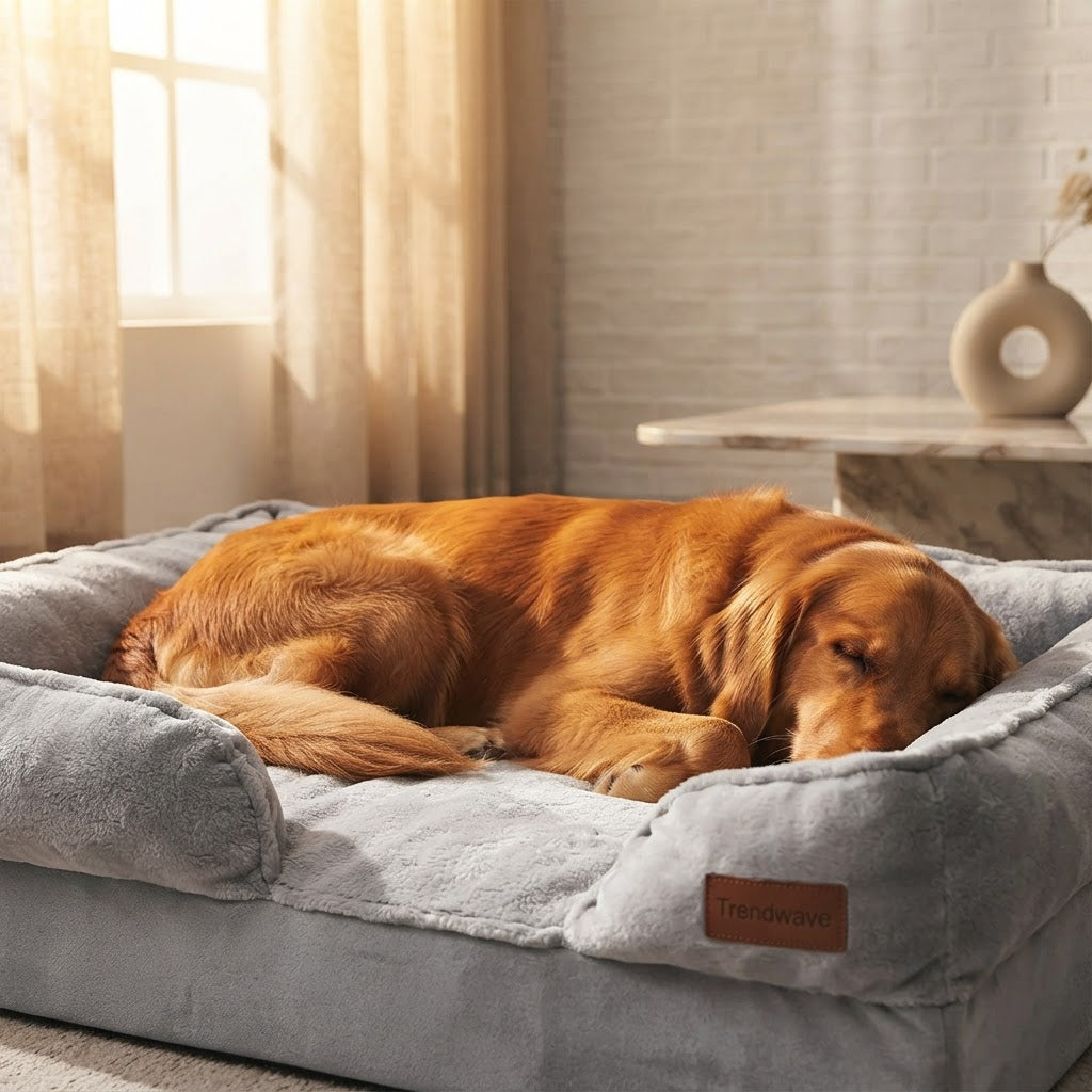 Gray oval dog bed with plush rim and light gray inner cushion