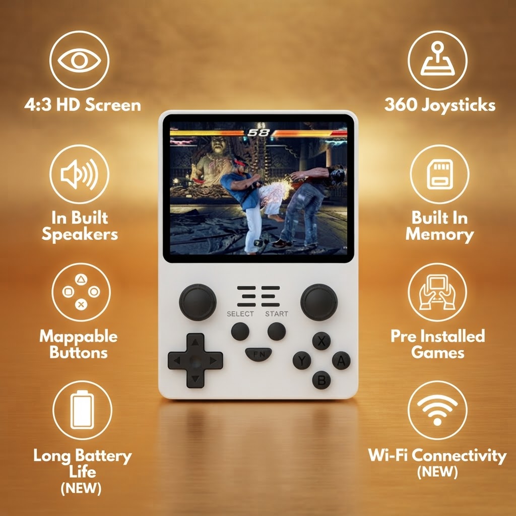 White handheld arcade console front view with buttons, D-pad, and game display