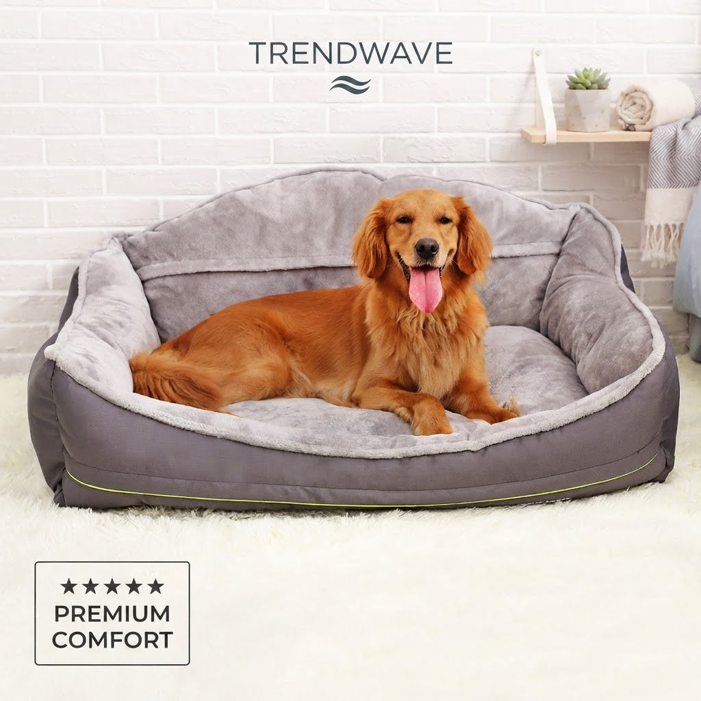 Gray round dog bed with plush liner and neon green edge trim