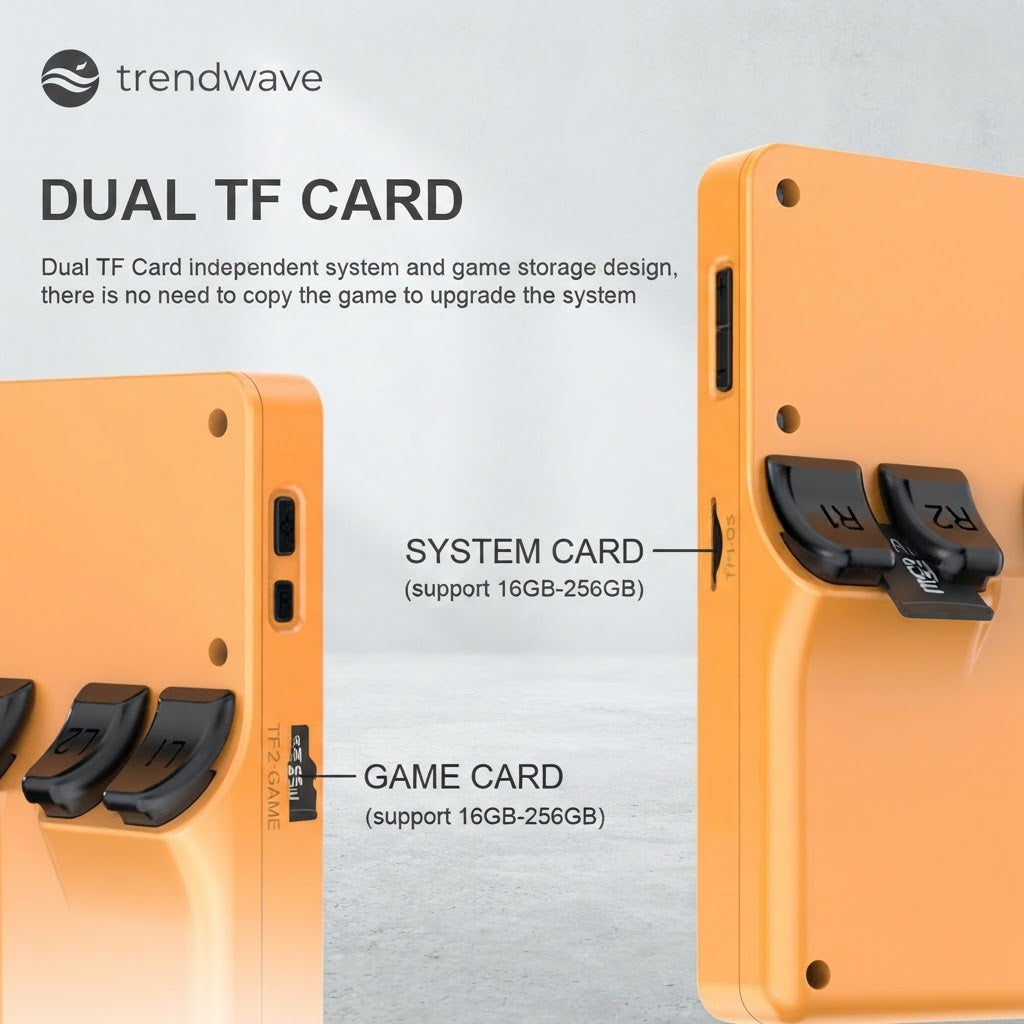 Orange handheld arcade console back panel with dual TF card slots and ports