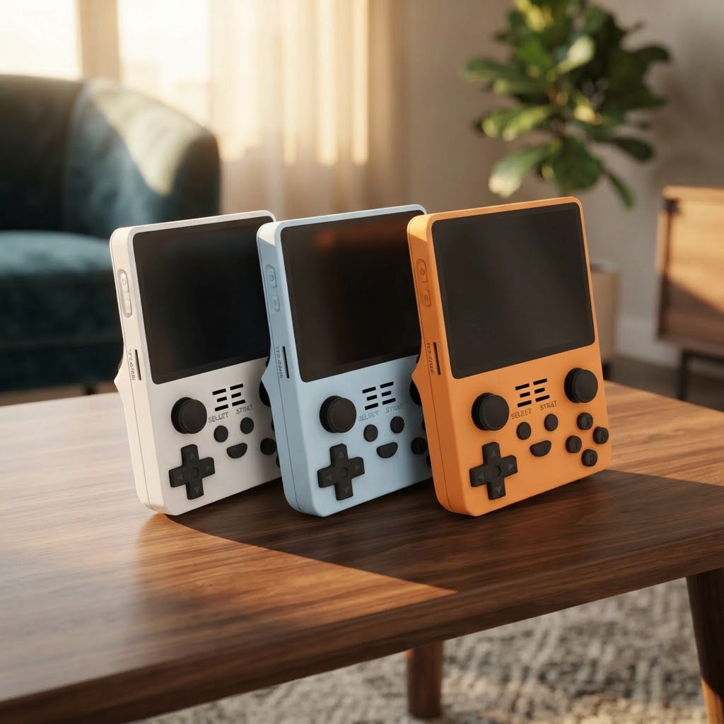 Handheld arcade consoles in white, blue, and orange resting on a table