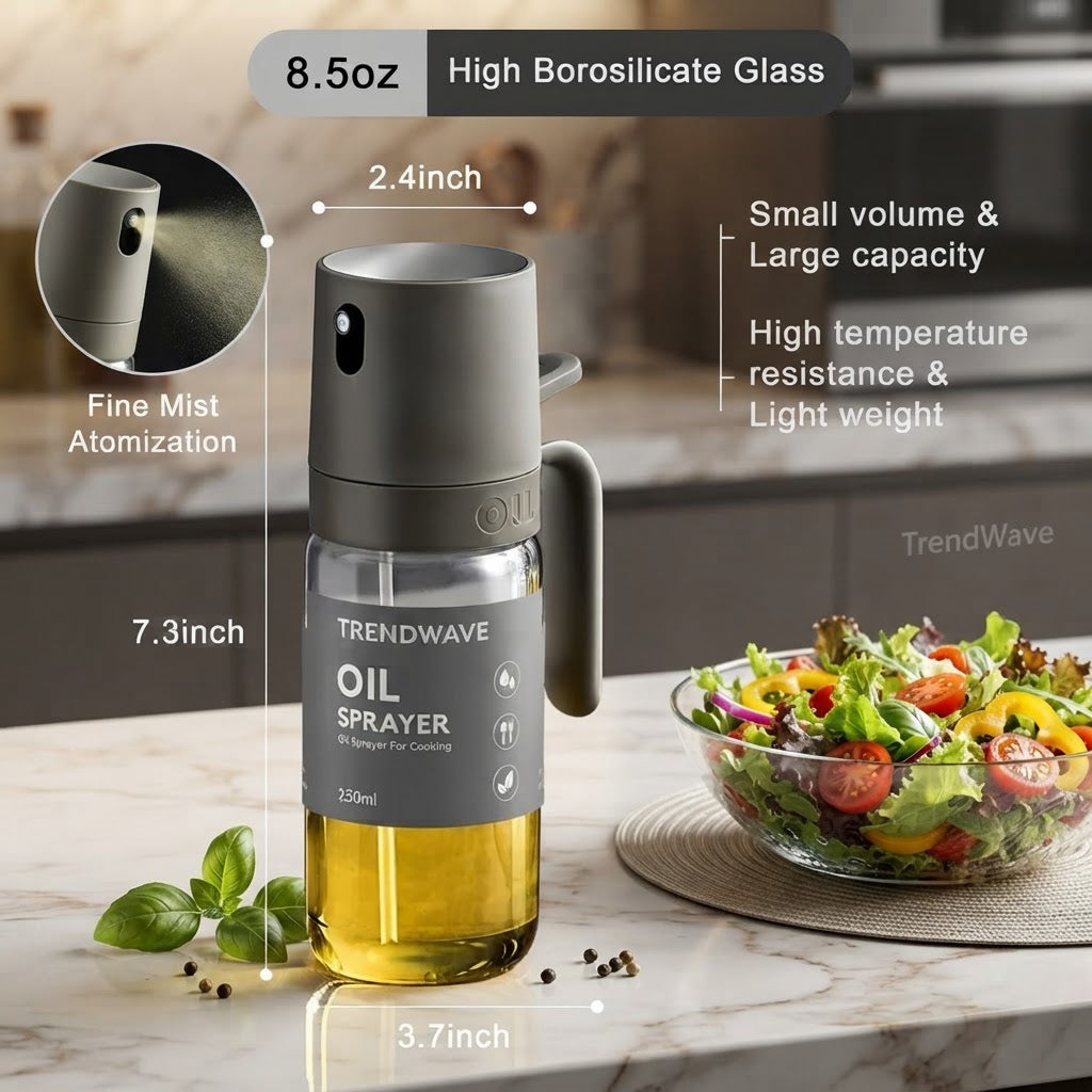 Borosilicate glass oil sprayer bottle with stainless cap and side handle, fine mist nozzle