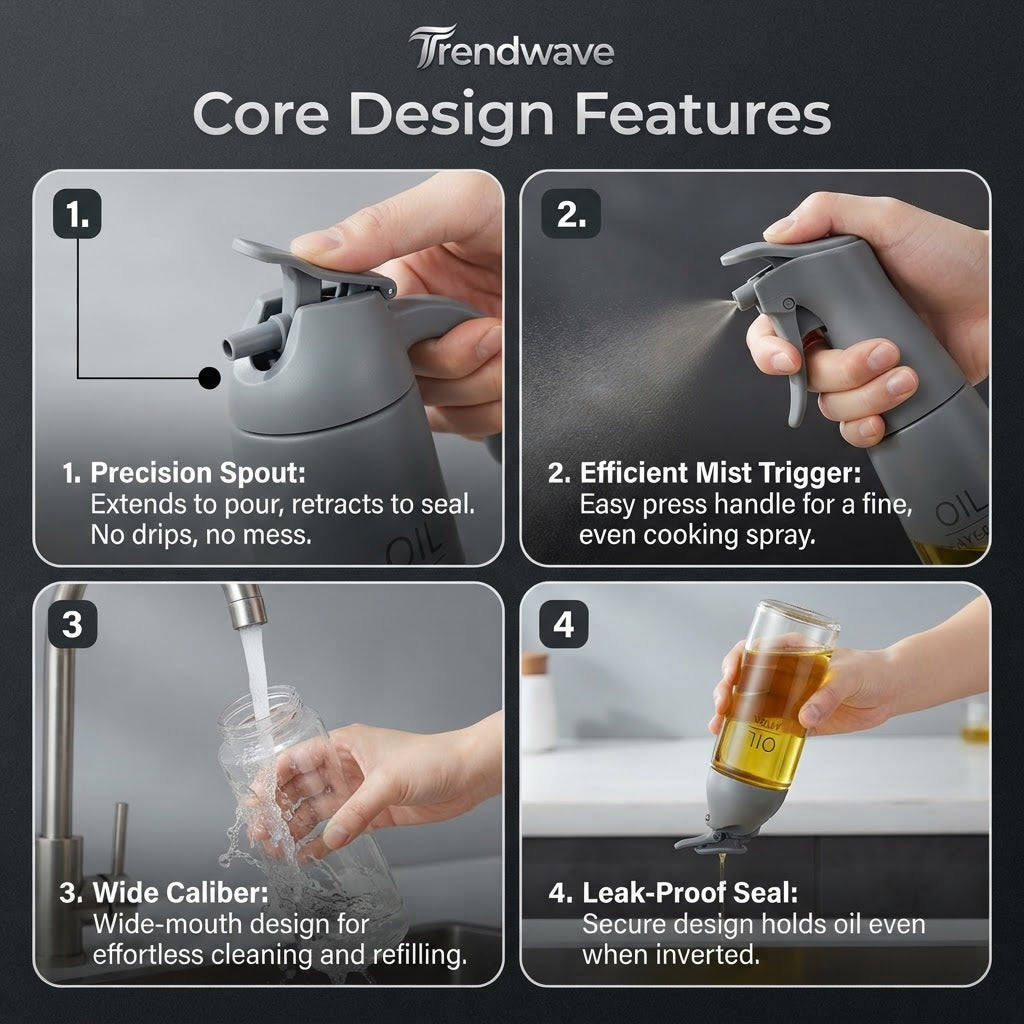 Oil sprayer bottle showing precision spout and trigger in hand, leak-proof sealing