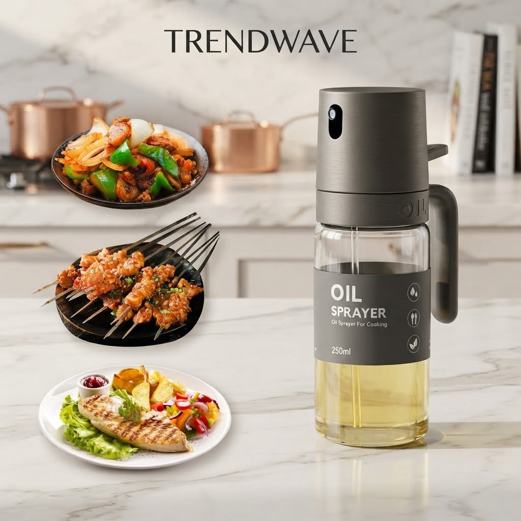 Glass oil spray bottle with stainless top and side handle for cooking oil, clear reservoir