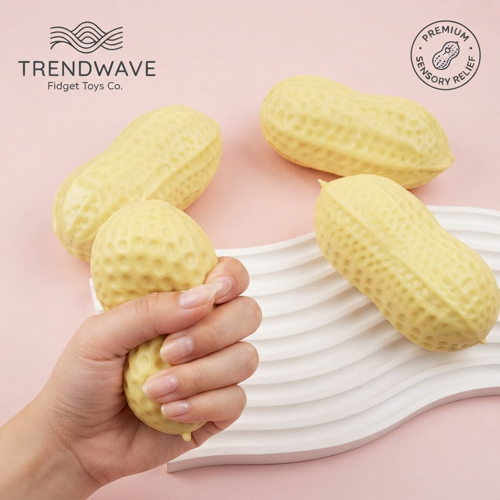 Pale yellow peanut-shaped slow-rising squishy stress toy held in hand