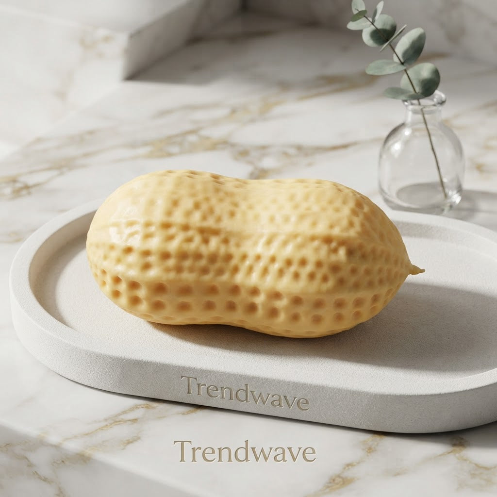 Pale yellow peanut squishy stress toy on a round tray